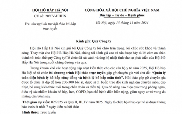 Thư ngỏ tài trợ “Quản lý toàn diện bệnh lý hô hấp cộng đồng và bệnh lý hô hấp mãn tính“